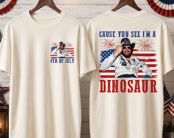 Hank Williams Jr. dinosaurie 4 juli-tröja, för du ser att jag är en dinosaurie-tröja, patriotisk countrymusik-tröja, amerikansk flagga Bocephus-fan