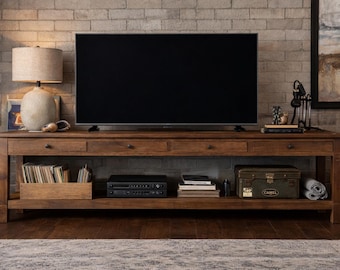 Mueble de TV rústico de madera maciza, consola multimedia de estilo rústico, mueble de TV de madera natural para sala de estar moderna.