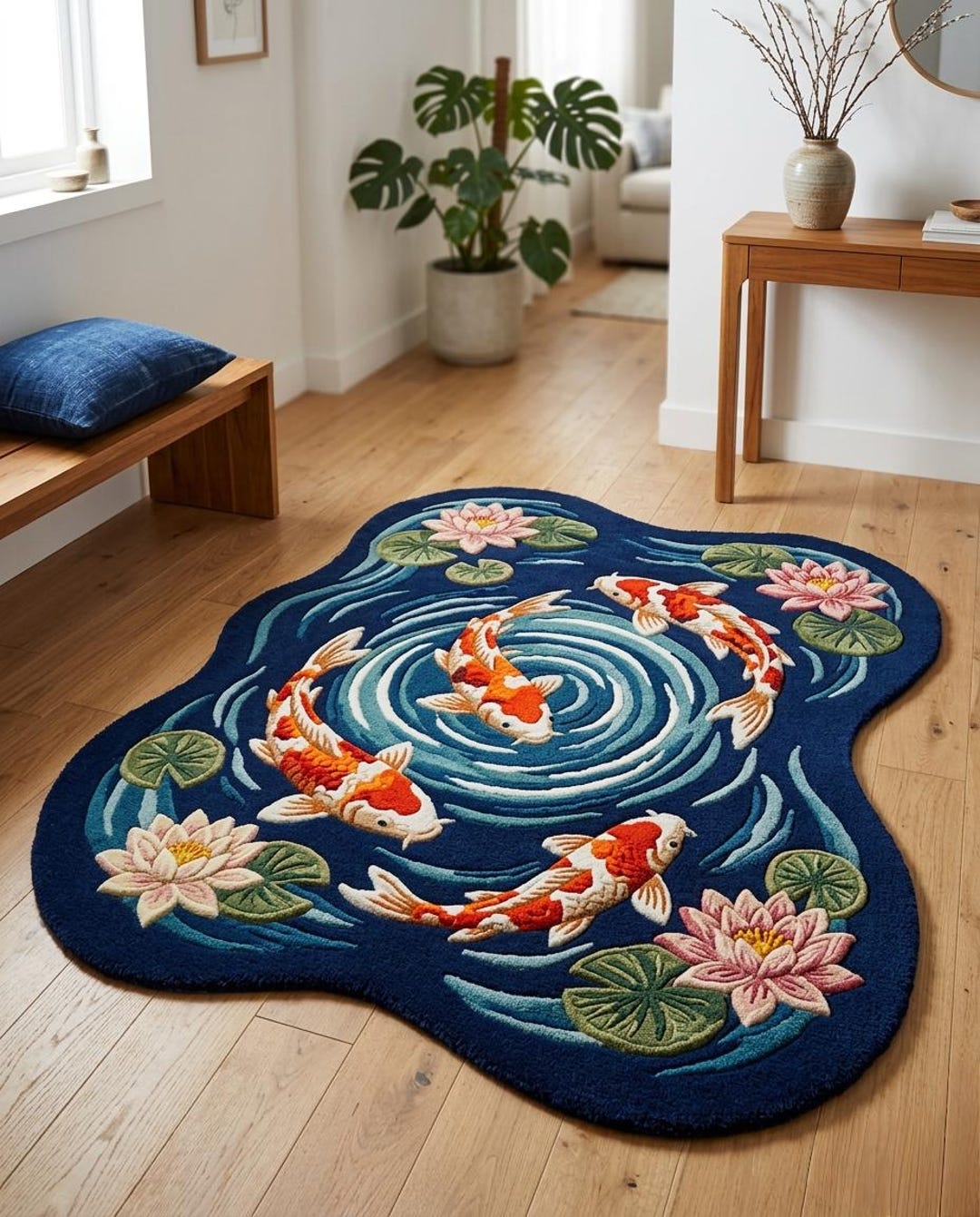 Koi Fish Pond Rug Irregular Shape Hand Tufted New Zealand Wool Navy ...