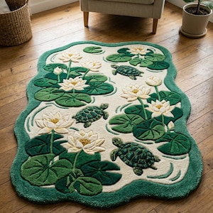 May include: A decorative rug with a pond design. The rug features white water lilies with yellow centers, green lily pads, and textured green turtles. The rug has a cream-colored background and a green border.