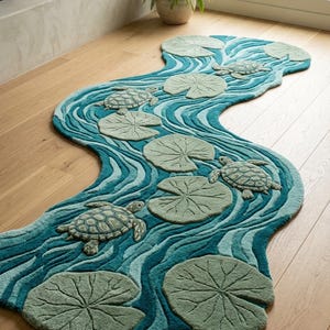 May include: A whimsical rug shaped like a flowing river, featuring a teal and blue water design with lily pads and turtles. The rug is placed on a wooden floor, creating a nature-inspired aesthetic. The turtles are a light green color.