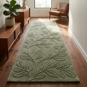 Botanical Runner Rug Organic Modern Hand Tufted Wool Sage Green Thick Plush 3D Carved Hallway Entryway Carpet Rectangle 2.5x10 Custom