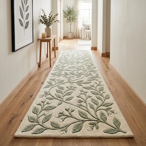 Botanical Floral Runner Rug Organic Modern Hand Tufted Wool Sage Green Cream 3D Carved Thick Plush Hallway Carpet 2.5x10 3x12 Custom