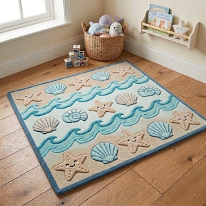 May include: A rectangular rug with a beach theme. The rug features tan sand, blue waves, and various sea creatures, including starfish and seashells. The rug is bordered with a blue trim.