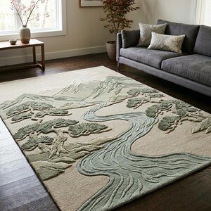 Japandi Landscape Area Rug | Zen Mountain River Decor | Hand Tufted Wool Cut Pile | Beige Sage | Living Room | Custom Sizes 8x10 9x12 10x14