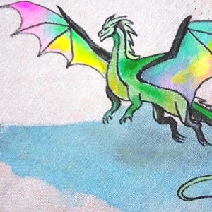 Hand-Painted Dragon Patch – Rainbow Wings Fantasy Textile Art Piece
