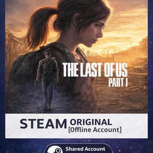 Può includere: Copertina del gioco Deluxe Edition per "The Last of Us Part I". L'immagine presenta una donna con i capelli rossi raccolti in una coda di cavallo e un uomo che cammina verso lo spettatore. Sono visibili anche il logo Steam e il testo "STEAM ORIGINAL [Offline Account]"