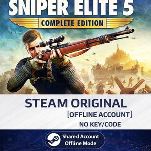 Puede incluir: La carátula de "Sniper Elite 5: Complete Edition" muestra a un hombre apuntando con un rifle. El título está en la parte superior, con "Complete Edition" debajo. El texto inferior dice "STEAM ORIGINAL [OFFLINE ACCOUNT] NO KEY/CODE".
