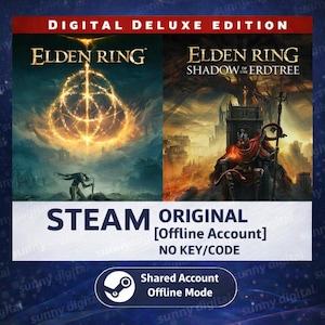 May include: Digital Deluxe Edition of Elden Ring and Shadow of the Erdtree game covers. The covers feature fantasy art with a warrior and a seated figure. The Steam logo and text "ORIGINAL [Offline Account] NO KEY/CODE" are also visible.