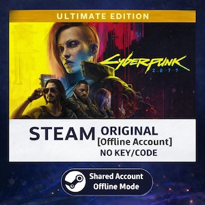 Può includere: Immagine promozionale per il videogioco Cyberpunk 2077, con una donna dai capelli rossi e testo giallo neon. L'immagine include il logo Steam e il testo che indica un account offline.