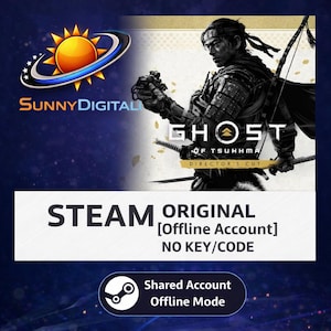 May include: Promotional image for the video game "Ghost of Tsushima: Director's Cut." The image features a warrior with a bow and sword, the game's title, and the Sunny Digital logo. Text includes "STEAM ORIGINAL [Offline Account] NO KEY/CODE."