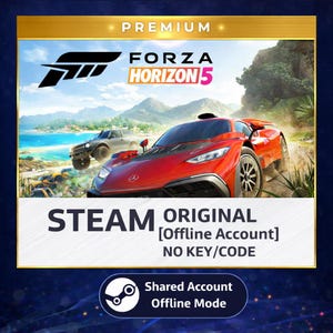 Puede incluir: Imagen promocional de Forza Horizon 5. Un coche deportivo rojo y un vehículo todoterreno gris compiten en una carretera de tierra. El logotipo del juego y las palabras "STEAM ORIGINAL", "Offline Account" y "NO KEY/CODE" están visibles.