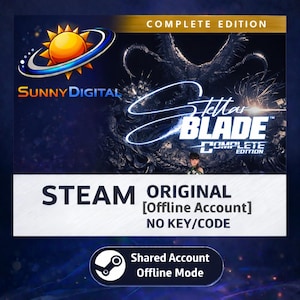 以下が含まれることがあります： Stellar Blade Complete Editionのプロモーション画像。Sunny Digitalのロゴ、太陽と惑星のデザイン、ゲームタイトルが特徴です。Steamのロゴも表示され、背景は暗色です。
