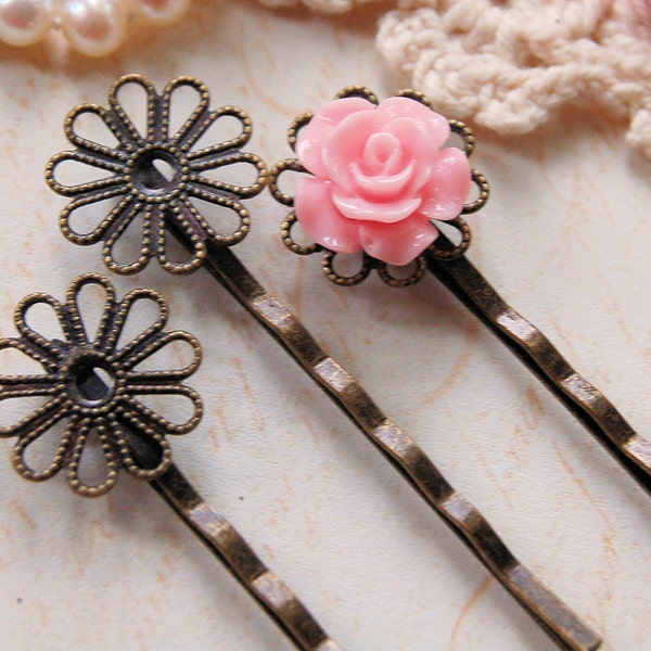 Antique Bronze Flower  Filigree Bobby Pins Hair Pins Works Great With Resin Cabochon Lot of 10