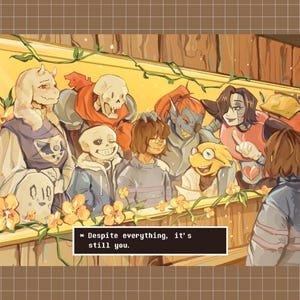 Puede incluir: Ilustración de personajes del videojuego Undertale, enmarcada en un borde dorado. La obra presenta una variedad de monstruos y humanos, con el texto "A pesar de todo, sigues siendo tú."