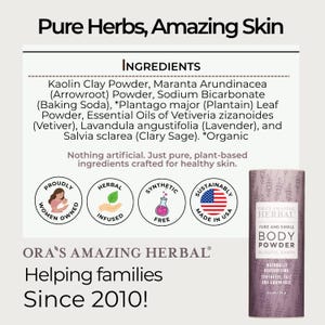 Puede incluir: Un envase cil&iacute;ndrico de Ora's Amazing Herbal Body Powder. La etiqueta incluye el texto "Pure and Simple Body Powder" y "Blissful Earth". Se enumeran los ingredientes y el producto no contiene sint&eacute;ticos, talco ni granos. Tambi&eacute;n es visible el texto "Made in USA".