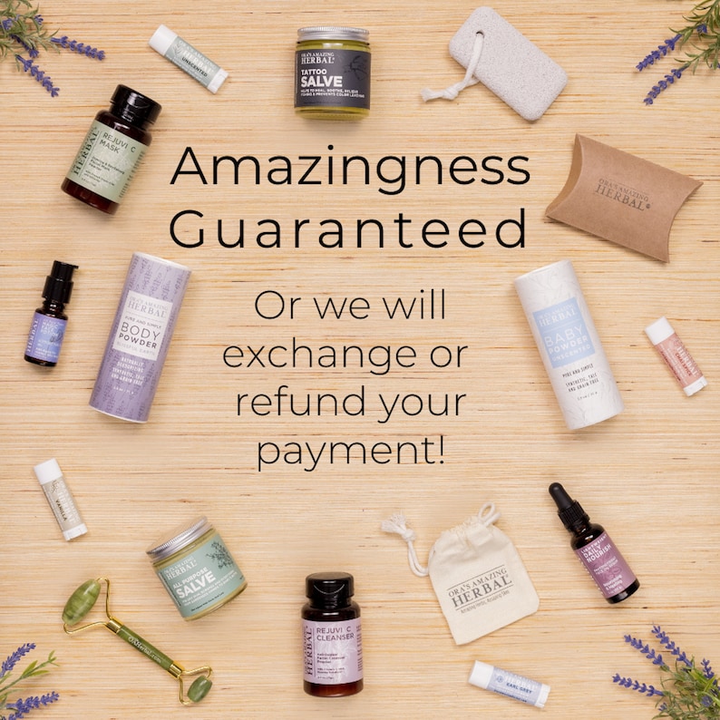 Puede incluir: Una variedad de productos Dr. Amazing Herbal, incluyendo ung&uuml;entos, limpiadores y polvos corporales, dispuestos sobre una superficie de madera. Tambi&eacute;n se ve el texto "Amazingness Guaranteed" y "Or we will exchange or refund your payment!"