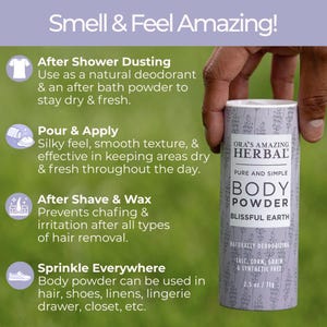 Puede incluir: Un recipiente cil&iacute;ndrico de polvo corporal Ora's Amazing Herbal, aroma Blissful Earth. La etiqueta es gris con ramitas de lavanda y texto. El texto dice "Pure and Simple" y "Naturally Deodorizing". El recipiente es de 71g.