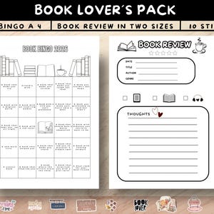 Puede incluir: Un pack para amantes de los libros en blanco y negro, que incluye un juego de Book Bingo y una hoja de revisión de libros. El Book Bingo tiene desafíos como "Un libro que te hizo llorar". La hoja de revisión incluye secciones para fecha, título, autor y género.