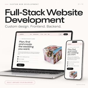 May include: A laptop and a smartphone displaying a website for Wedli, an online wedding planner. The screen shows the text: Plan, find and create the wedding you want, along with a graphic of a cube featuring wedding photos.
