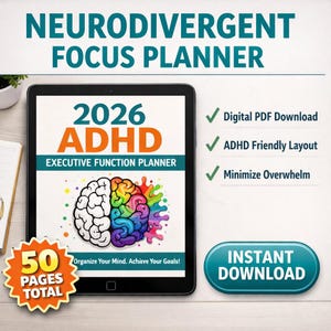 Puede incluir: Un planificador digital para 2026, diseñado para personas neurodivergentes con TDAH. El planificador presenta un gráfico de cerebro colorido e incluye el texto «Executive Function Planner». Ofrece una descarga digital en PDF, un diseño amigable para el TDAH y busca minimizar la sobrecarga. El planificador tiene un total de 50 páginas.