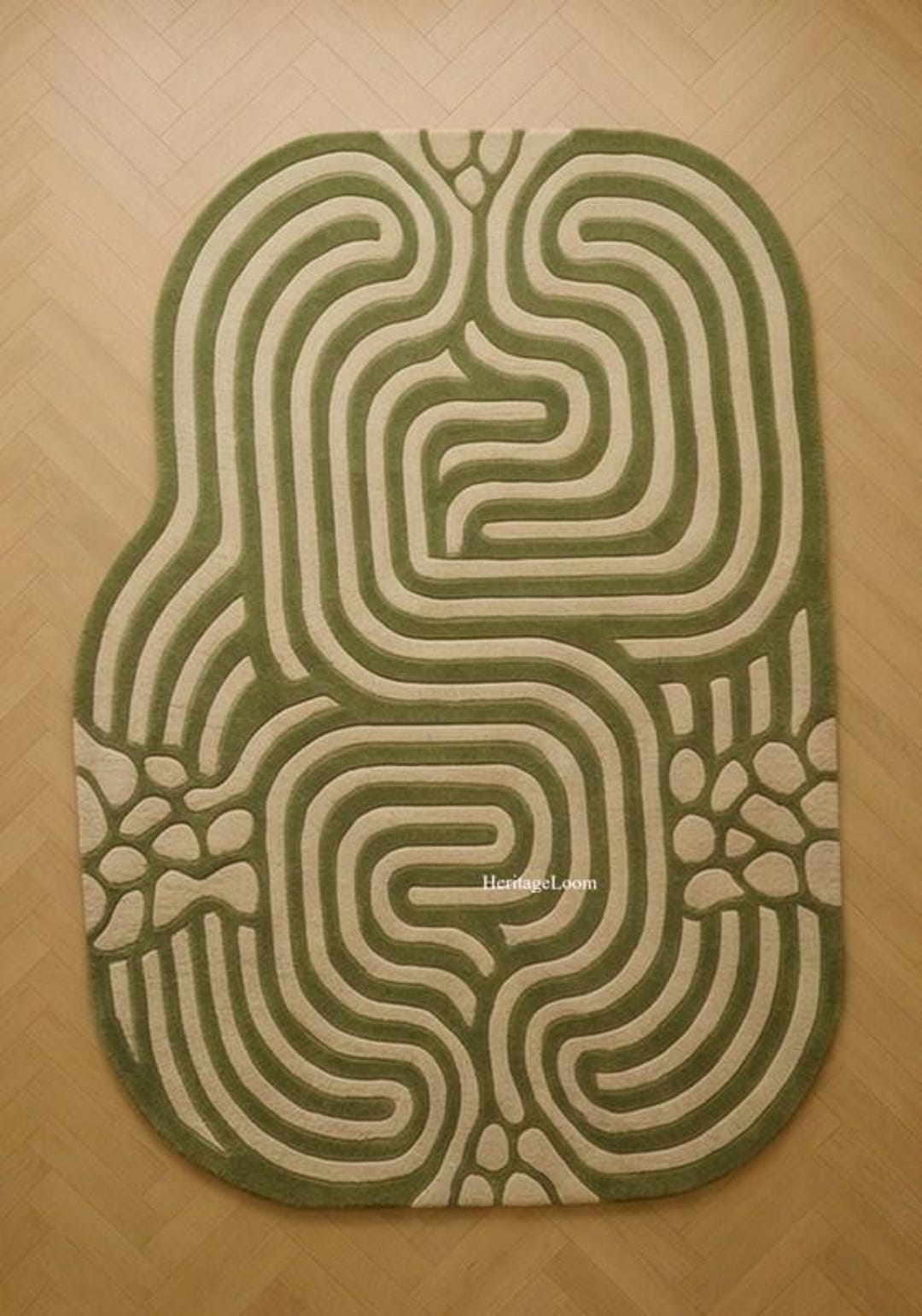 Labyrinth Rug Round Abstract Labyrinth Rug Green Beige, Modern Organic Shape Rug, Hand ...