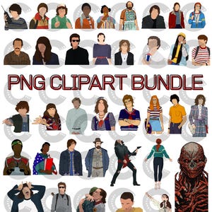 Puede incluir: Un paquete gráfico de descarga digital con 48 imágenes prediseñadas PNG con fondo transparente. Las imágenes incluyen ilustraciones de personajes. El texto "PNG CLIPART BUNDLE" se muestra de forma destacada. De The Craftory Lab.