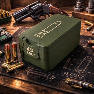 Può includere: Una scatola di munizioni verde oliva con l'etichetta "45 COLT" è appoggiata su un tappetino nero con un diagramma di proiettile. Un revolver, proiettili e strumenti di ricarica sono disposti su una superficie di legno.