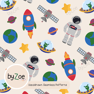 Motivo ripetuto senza soluzione di continuità a tema SPAZIO sfondo NEUTRO; Stampe digitali colorate per bambini disegnate a mano