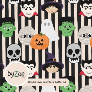 May include: A seamless pattern featuring cartoon Halloween characters including vampires, green monsters, mummies, ghosts, skulls, and orange pumpkins on a background of vertical black and beige stripes. The text byZoe studios is visible.