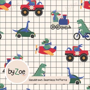 May include: Seamless pattern featuring cartoon dinosaurs in various vehicles, including a red truck, airplane, train, car, and bicycle. The dinosaurs are green and blue, set against a grid background. The text "Handdrawn Seamless Patterns" is also present.