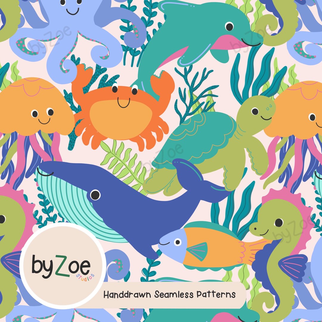 UNDER THE SEA Seamless Pattern With Neutral Background; Hand-drawn ...