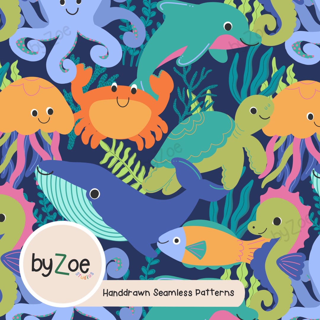 UNDER THE SEA Seamless Pattern With Dark Background; Hand-drawn ...