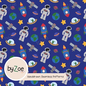 SPACE Themed Seamless Pattern BLAU Hintergrund; Handgezeichnete bunte Kinder-Digitaldrucke