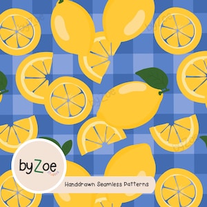 May include: A seamless pattern featuring bright yellow lemons and lemon slices on a blue and white checkered background. The design includes whole lemons and sliced lemons, with green leaves. The text "by Zoe studios" and "Handdrawn Seamless Patterns" is also visible.