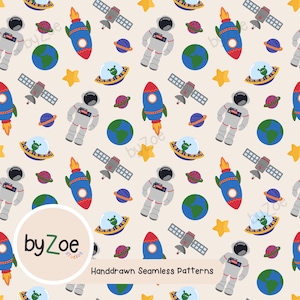 SPACE Themed Seamless Repeating Pattern NEUTRAL background ; Hand drawn Children’s Colourful Digital Prints
