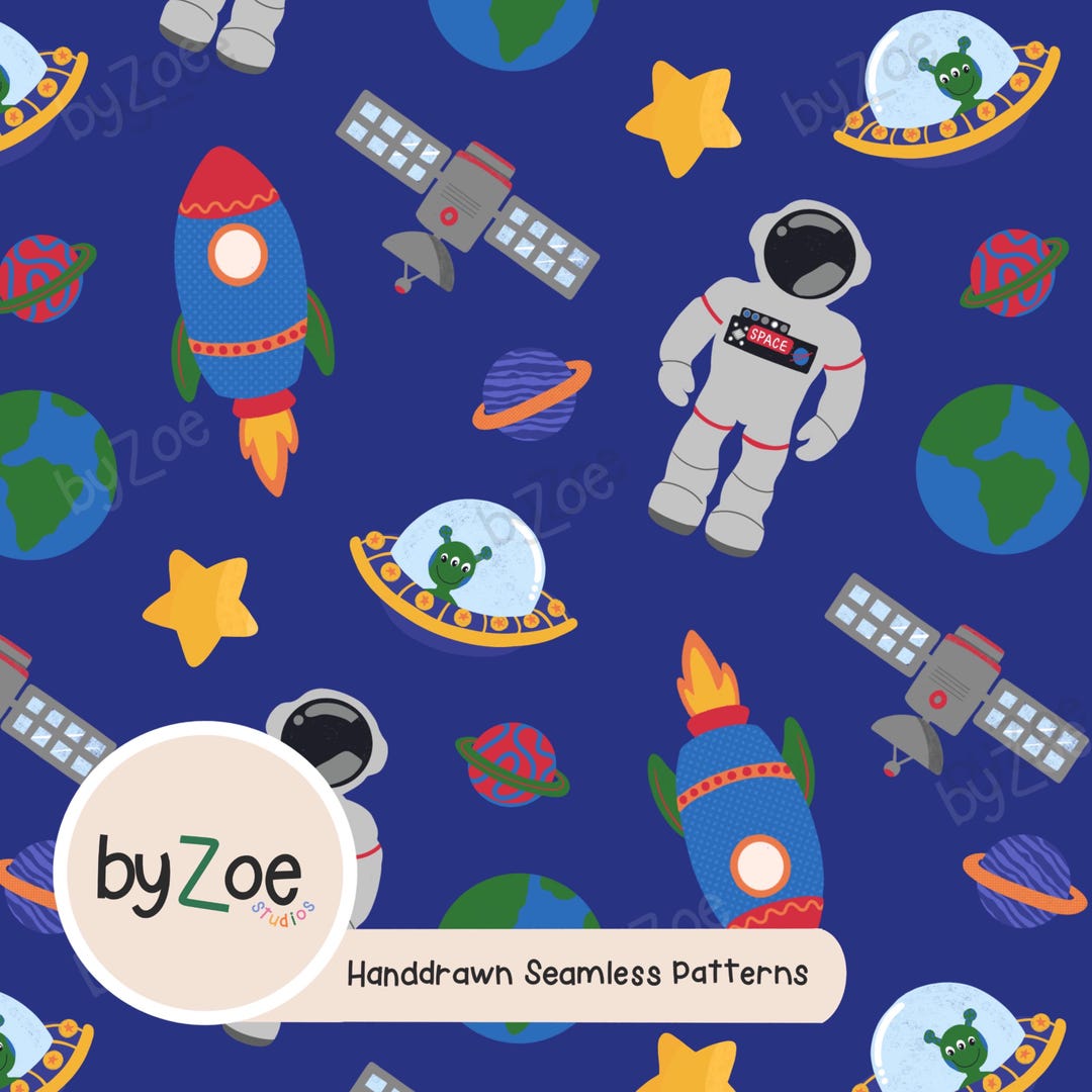 SPACE Themed Seamless Repeating Pattern BLUE Background ; Hand Drawn ...