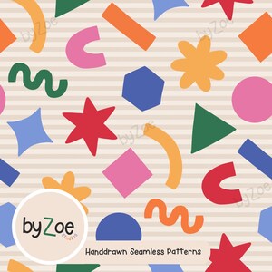 Pode incluir: Um padrão sem costura com várias formas geométricas coloridas, incluindo estrelas, círculos e ziguezagues, em tons de laranja, rosa, azul e verde. O design é definido contra um fundo bege com finas listras verticais. O texto "by Zoe studios" e "Handdrawn Seamless Patterns" também é visível.