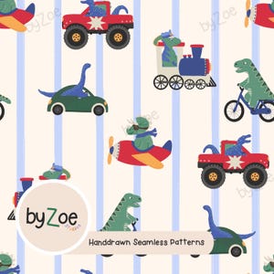 Padrão sem costura com tema de TRANSPORTE DE DINOSSAUROS e fundo listrado azul; Estampas infantis coloridas e repetidas, desenhadas à mão.