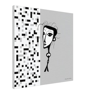 Könnte beinhalten: Abstrakter Kunstdruck auf Leinwand mit einem stilisierten Schwarz-Weiß-Porträt einer Frau mit langem Hals und ausdrucksstarken Gesichtszügen. Der Hintergrund ist in einen grauen Bereich und ein pixelartiges Schwarz-Weiß-Muster unterteilt. Signiert "Alan Frii 2024".