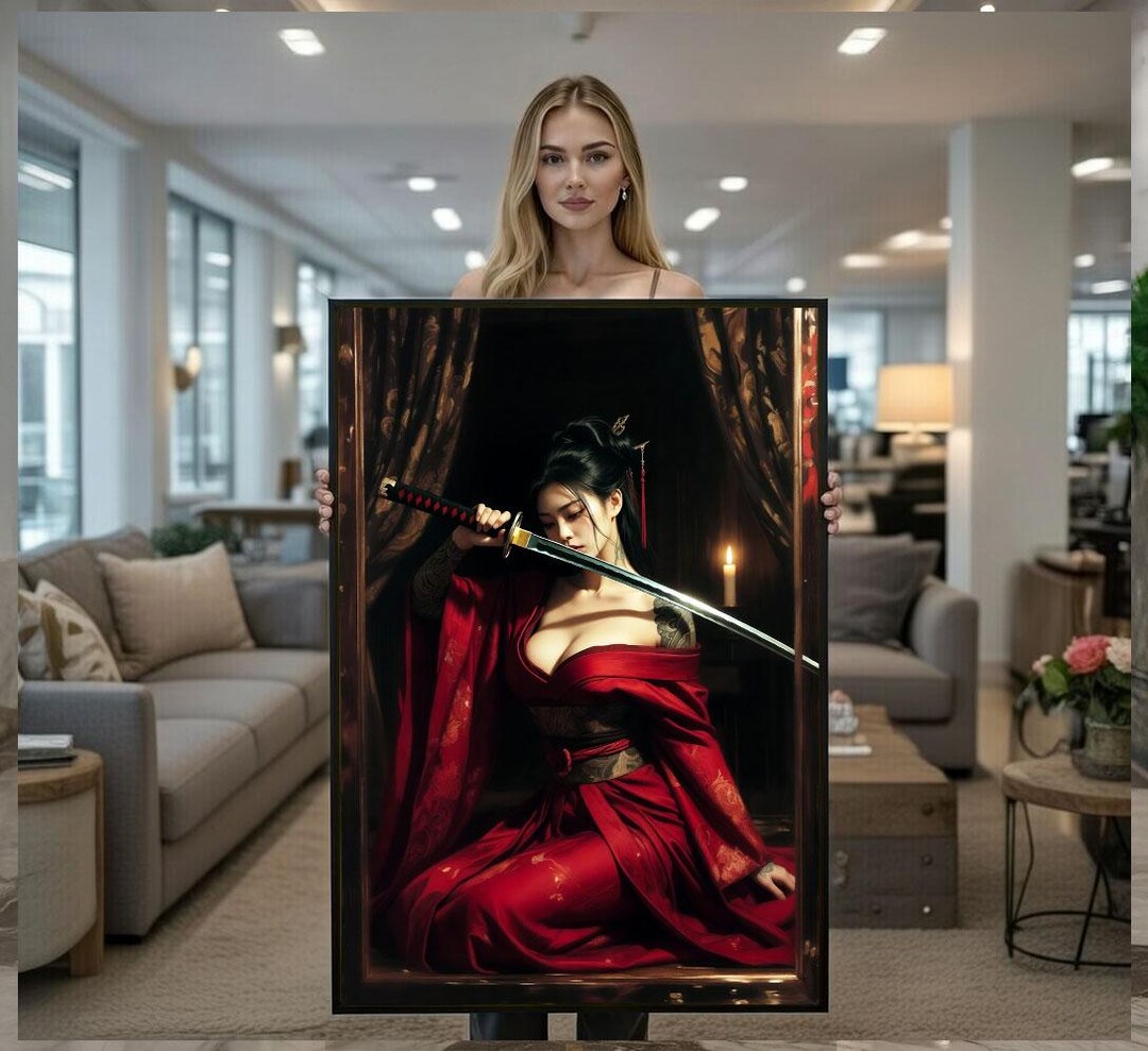 Fierce Samurai Woman in Red Kimono Canvas Wall Art Print Dramatic ...
