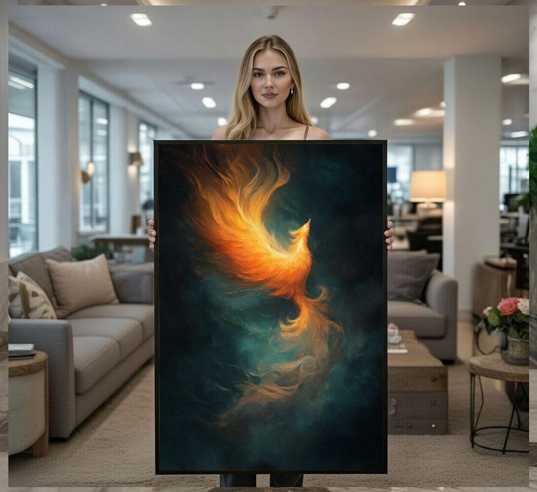 Ethereal Phoenix Rising Canvas Wall Art Print Fiery Teal Living Room ...