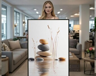 May include: A framed art print featuring a zen-inspired composition. The artwork depicts a stack of smooth, rounded stones in varying shades of brown and gray, set against a serene water reflection. Tall, slender reeds add a touch of natural elegance.