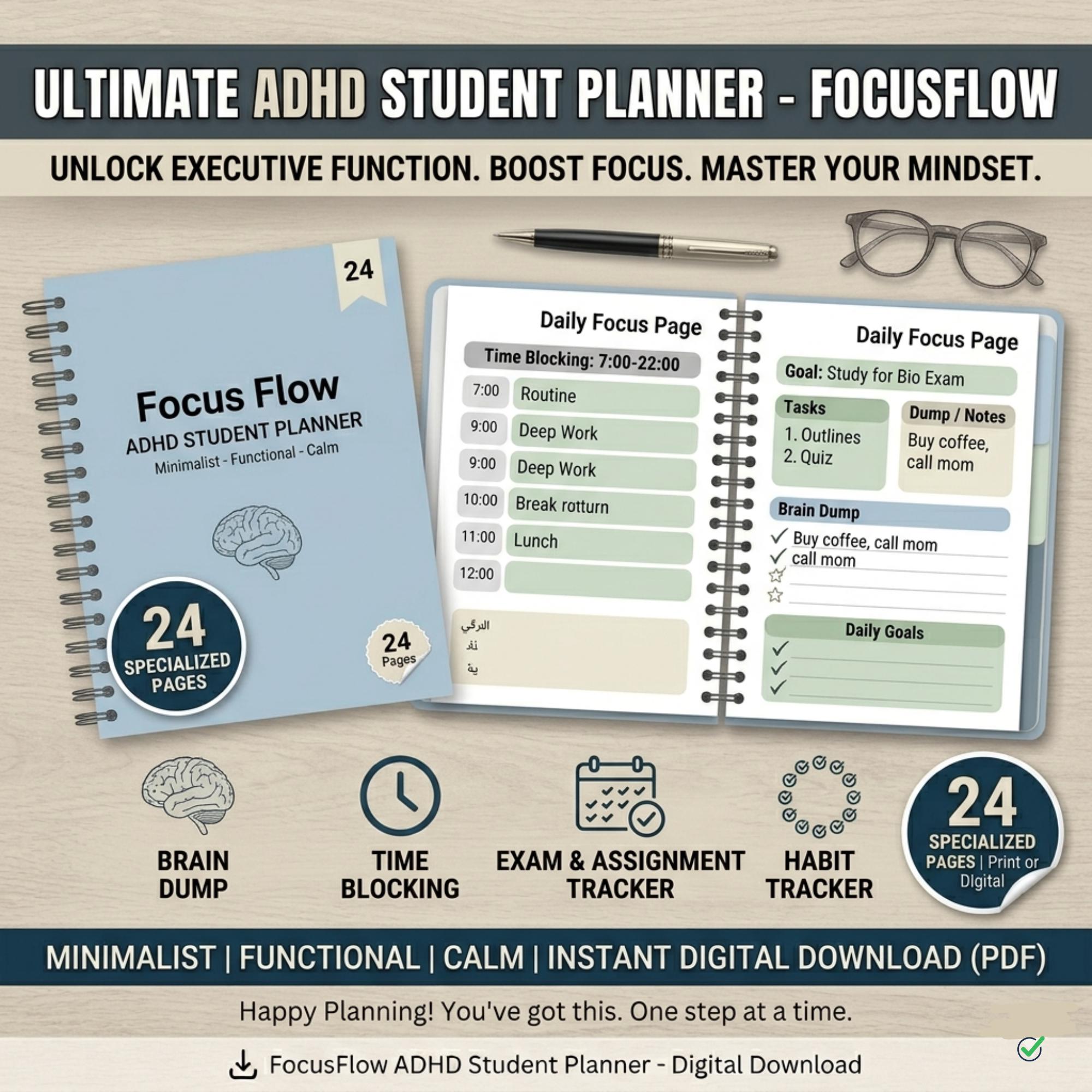 ADHD Student Planner Printable | 24-page Academic Focus Flow System ...