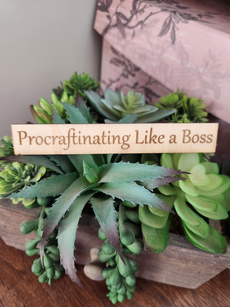 May include: A wooden sign reading "Procraftinating Like a Boss" is placed amongst green and grey succulents. The succulents are in a wooden planter, with a pink box visible in the background.