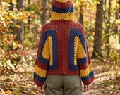 Handmade Crochet Hooded Sweater, Colorful Crochet Granny Square Hoodie, Cozy Crochet Fall Sweater, Boho Crochet Cardigan