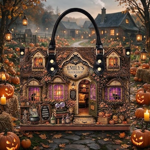 May include: A structured handbag featuring a printed design of a bookshop exterior with the text 'EMILY'S BOOKSHOP'. The image includes pumpkins, a cauldron, stacks of books, and glowing windows. It has two black handles with gold-tone hardware.