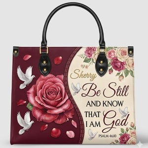 May include: A rectangular handbag with black handles featuring a split design of deep burgundy and cream. The burgundy side displays a large red rose and white doves. The cream side features floral accents, white doves, and the text Sherry Be Still And Know That I Am God Psalm 46:10.