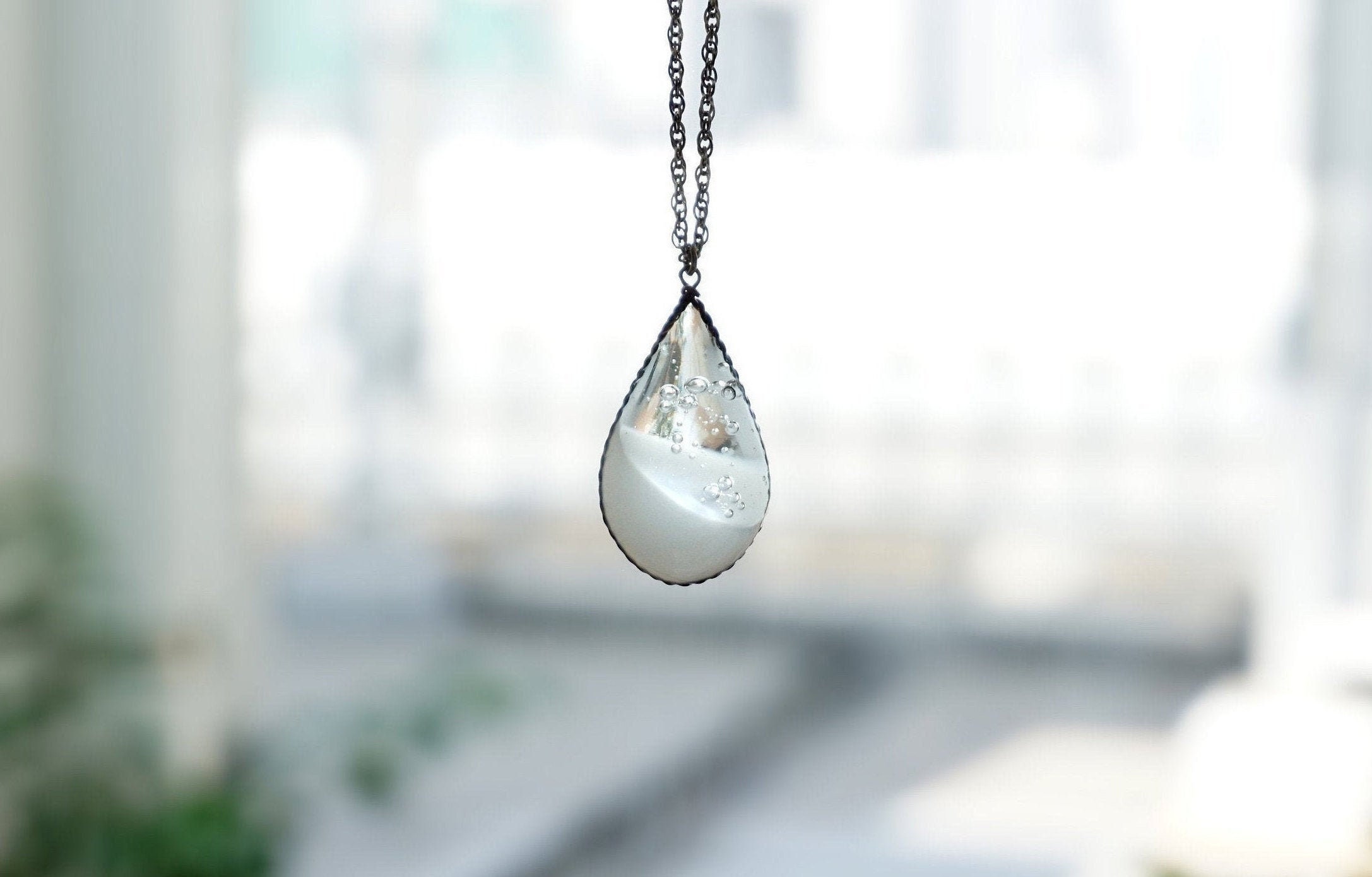 Glass Raindrop Pendant . Clear/white . Glass Jewelry . Stainless Steel