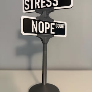 Pode incluir: Uma placa de rua decorativa com duas placas em preto e branco. A placa superior diz "STRESS LOOP" e a placa inferior diz "NOPE COURT". A placa é montada em um poste cinza com uma base redonda.
